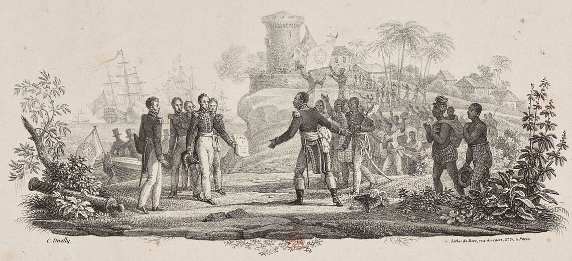 Lithographie von 1825: Europäische und haitianische Offiziere begrüßen sich feierlich bei der Anerkennung der haitianischen Unabhängigkeit; im Hintergrund Festung, Dorf, Palmen und Segelschiffe.