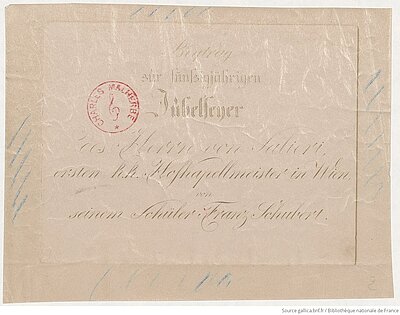 Franz Schuberts Beitrag zu Salieris Geburtstag. Handschriftlicher Titel auf altem Papier mit kalligrafischem Text und rotem Rundstempel.