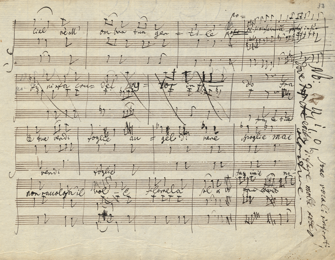 Beethovens Übung zur Textvertonung bei Salieri. Handschriftliche Notenseite mit musikalischer Partitur und italienischem Text, mit Korrekturen, Streichungen und Anmerkungen.