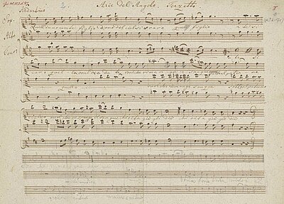 Handschriftliche Notenseite mit musikalischer Partitur und italienischem Text, bezeichnet als 'Arie Dell'Angelo Terzetto' mit mehreren Stimmen und Anmerkungen in Bleistift.