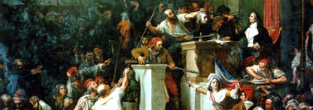 Historisches Gemälde zeigt eine lebhafte Szene mit bewaffneten Männern in revolutionärer Kleidung. Sie befinden sich in einem Innenraum mit Säulen und rotem Vorhang. Einige Männer heben die Arme, andere liegen am Boden oder stürmen vorwärts.