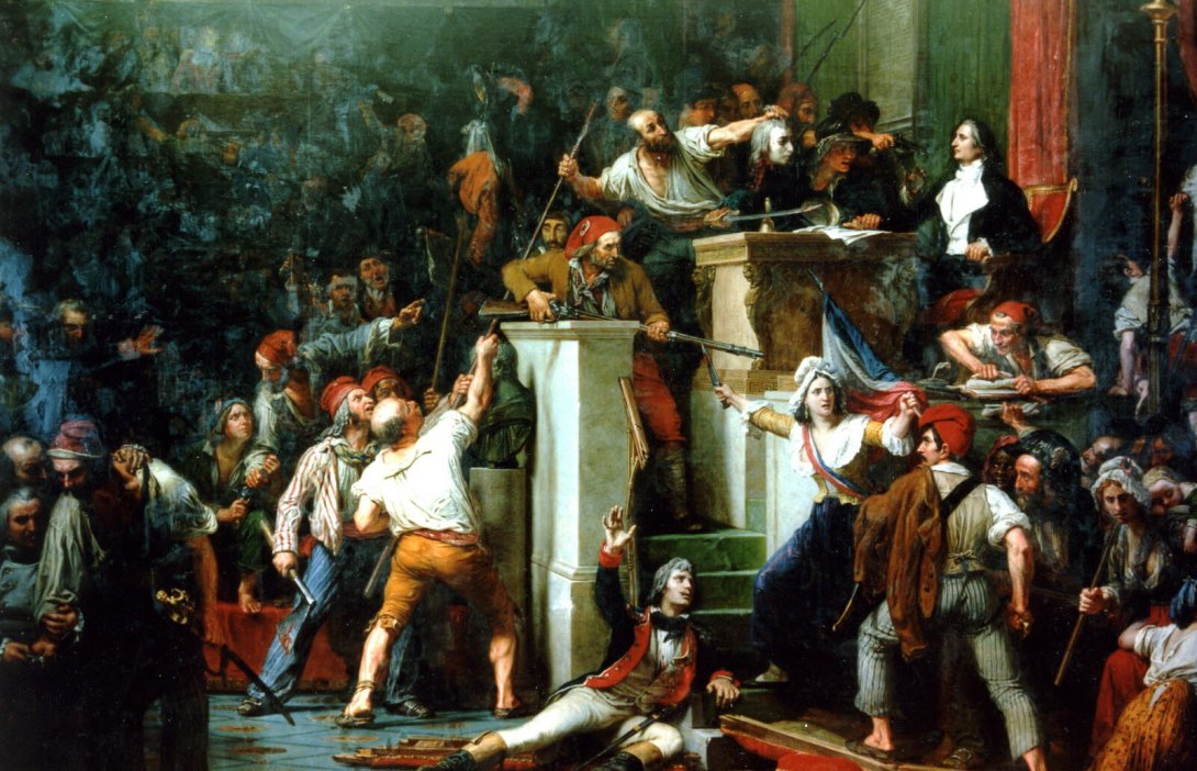 Historisches Gemälde zeigt eine lebhafte Szene mit bewaffneten Männern in revolutionärer Kleidung. Sie befinden sich in einem Innenraum mit Säulen und rotem Vorhang. Einige Männer heben die Arme, andere liegen am Boden oder stürmen vorwärts