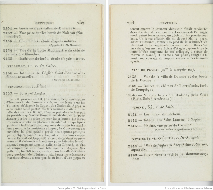 Seite aus einem französischen Buch mit nummerierten Einträgen zu Gemälden und deren Beschreibungen.