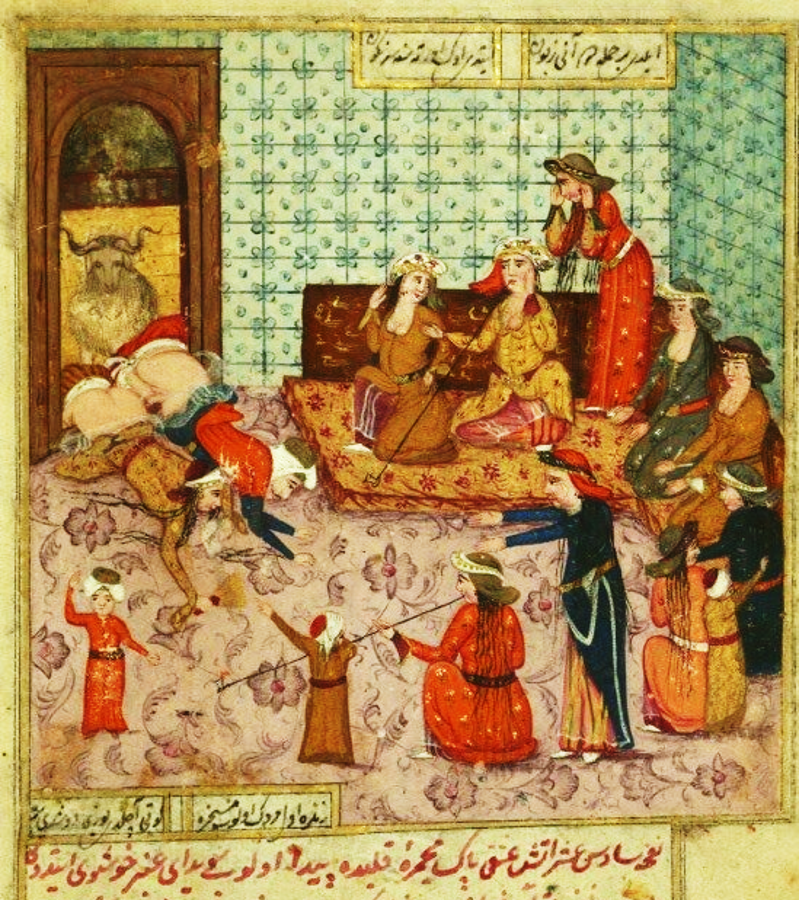 Illustration einer Gruppe von Frauen in einem Raum, die auf ein entblößtes Paar schauen, das in den Raum gestürzt ist.