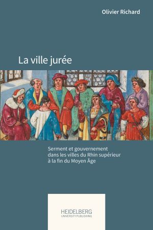 Buchcover mit mittelalterlicher Illustration einer Gruppe von Menschen in farbiger Kleidung und Titel "La ville jurée""