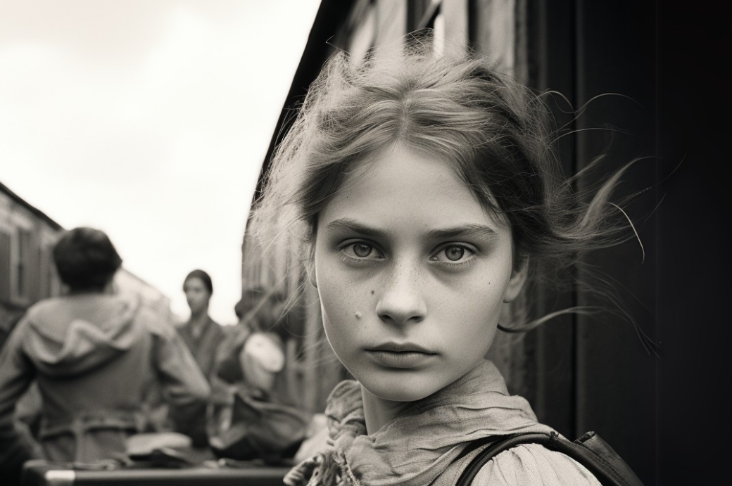 Das Bild zeigt ein „Selfie“ aus dem Jahr 1888: KI-generiert für die Ausstellung „American Dreams“. Man sieht das Porträt eines jungen Mädchens mit ernster Miene und offenen, leicht zerzausten Haaren, das direkt in die Kamera blickt. Im Hintergrund unscharf weitere Personen und ein Zug, was auf eine historische oder emotionale Reiseszene hindeutet. Das Bild ist in Schwarz-Weiß gehalten und vermittelt eine melancholische Stimmung.